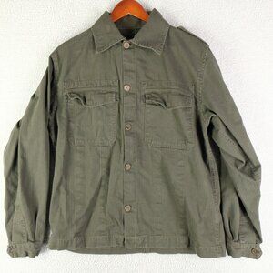 Retro Military Jacket Mens Medium Olive Green Herringbone Canvas Shacket Button